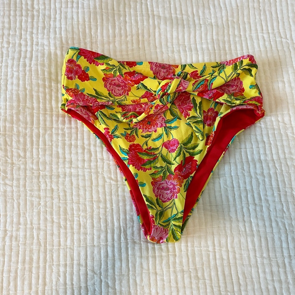 Yellow Floral High-Waist Bikini Bottom with Knot Detail
